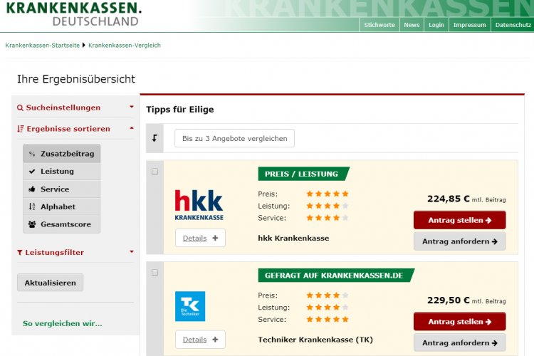 Vergleichsportal der gesetzlichen Krankenkassen 